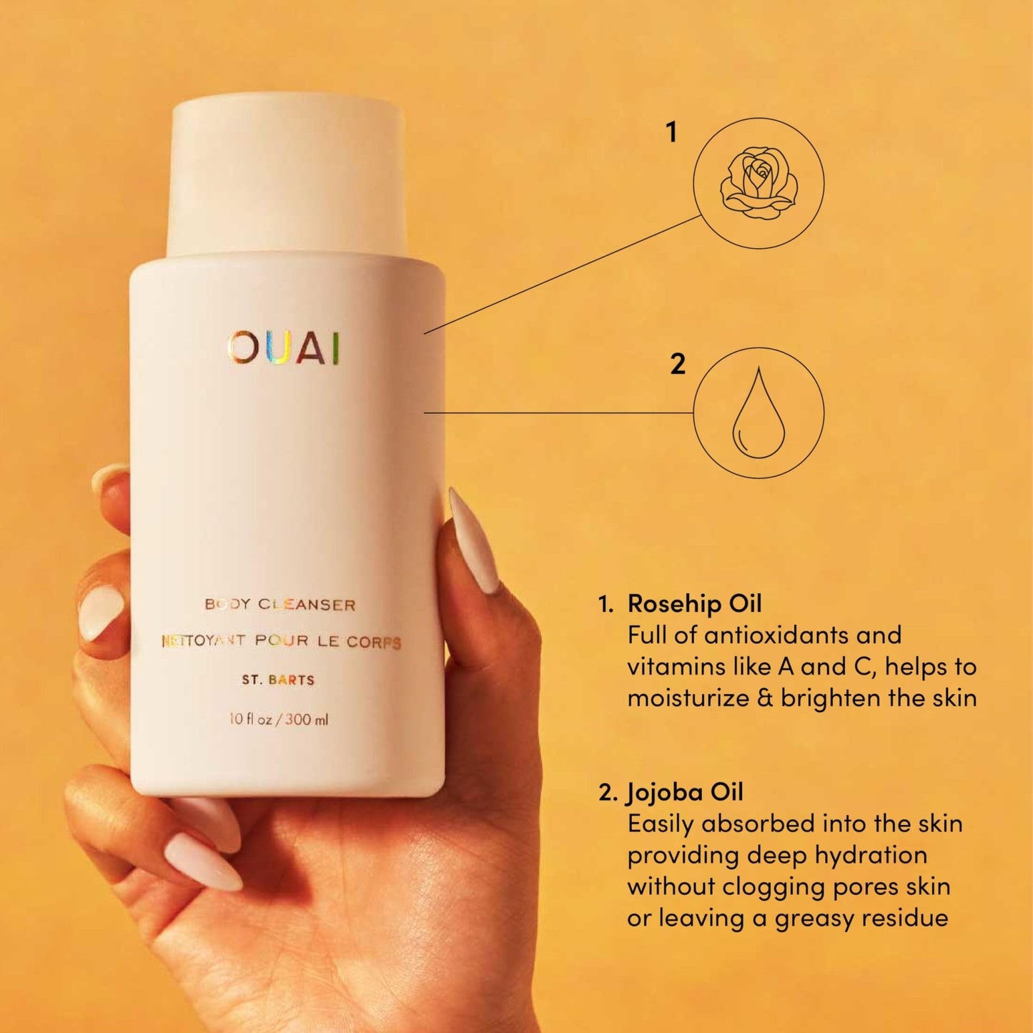 OUAI Body Cleanser, St. Barts - Foaming Body Wash with Jojoba Oil and Rosehip Oil to Hydrate, Nurture, Balance and Soften Skin - Paraben - PrimeBioHealth - canada supplements