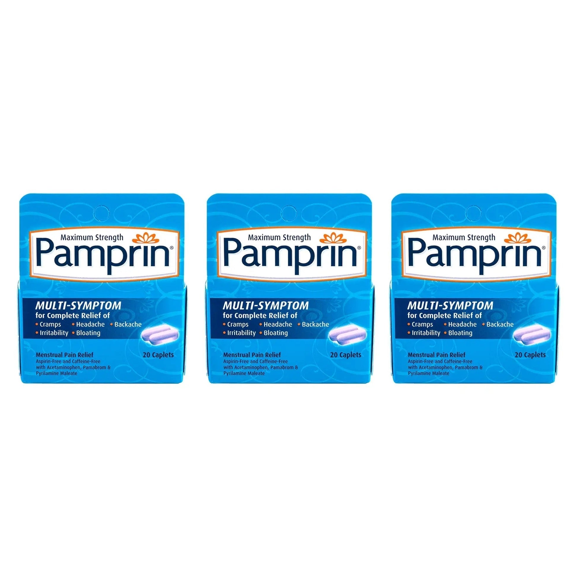Pamprin Multi-Symptom Formula, with Acetaminophen, Menstrual Period Symptoms Relief, 20 Caplets (Pack of 3) - PrimeBioHealth - canada supplements