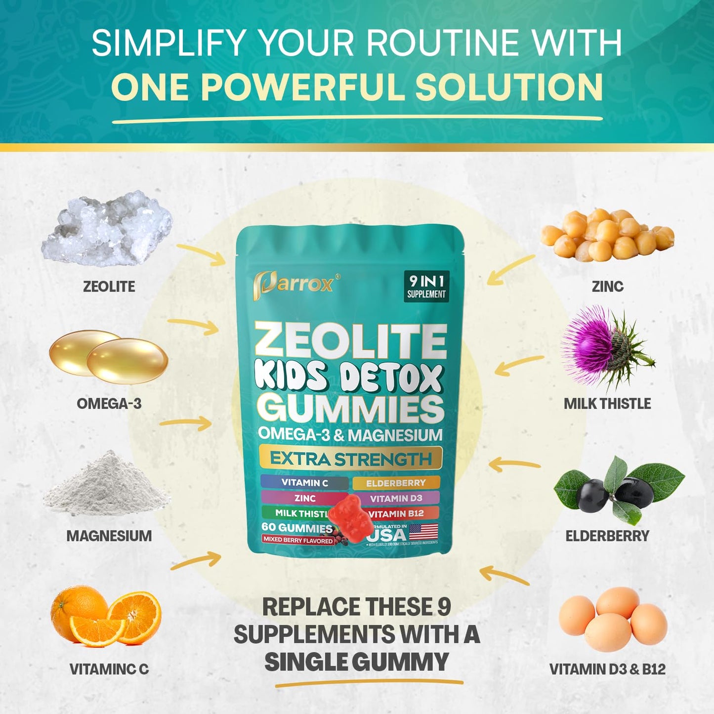 Parrox Zeolite Kids Gummies, 9-in-1 with Zeolite, Omega-3, Magnesium, Elderberry, Vitamin C, Milk Thistle, Vitamin D3, Zinc, B12 – Sugar-Free - PrimeBioHealth - canada supplements
