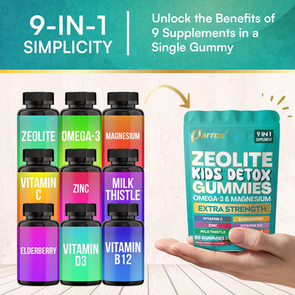 Parrox Zeolite Kids Gummies, 9-in-1 with Zeolite, Omega-3, Magnesium, Elderberry, Vitamin C, Milk Thistle, Vitamin D3, Zinc, B12 – Sugar-Free - PrimeBioHealth - canada supplements