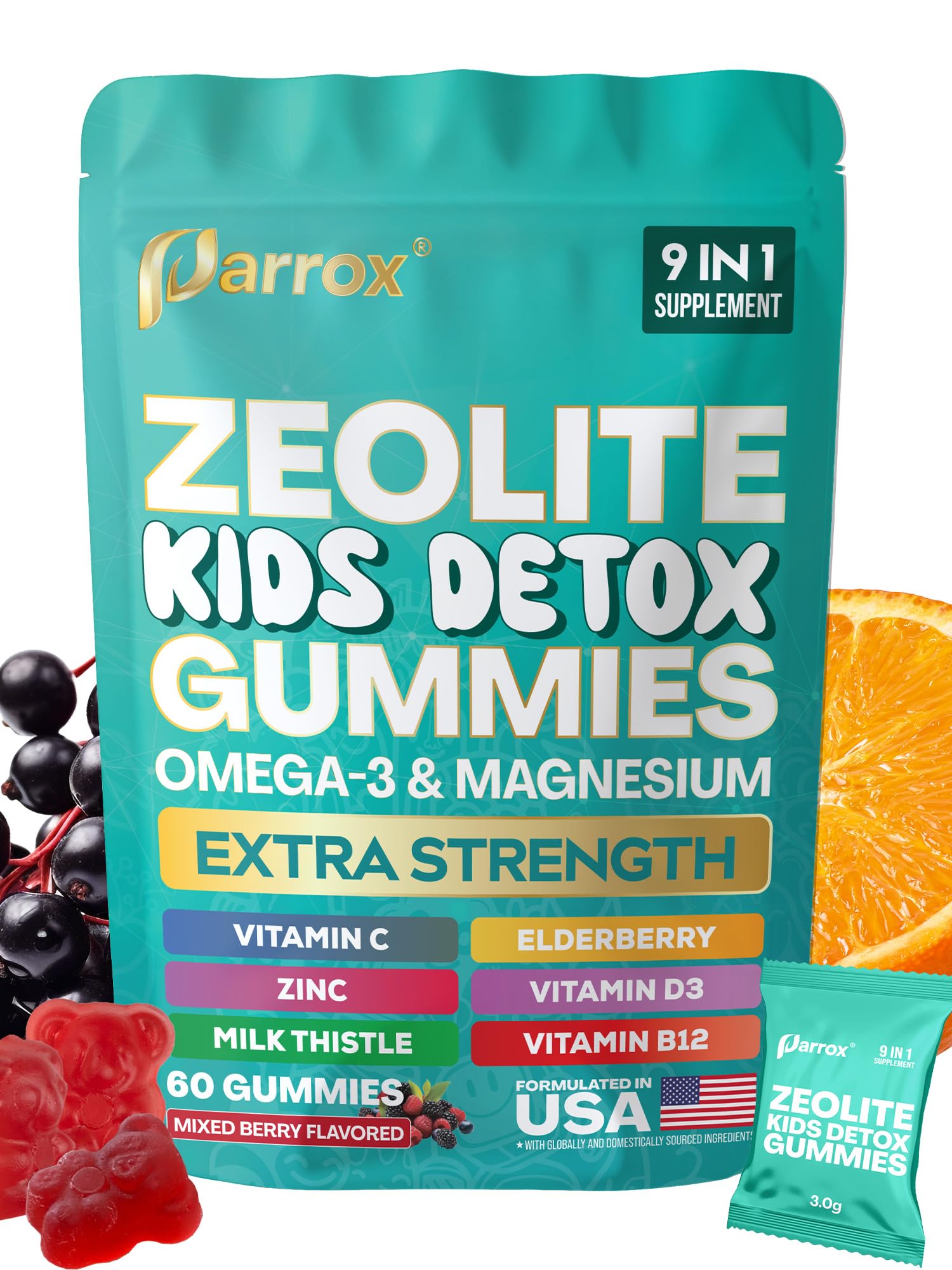 Parrox Zeolite Kids Gummies, 9-in-1 with Zeolite, Omega-3, Magnesium, Elderberry, Vitamin C, Milk Thistle, Vitamin D3, Zinc, B12 – Sugar-Free - PrimeBioHealth - canada supplements