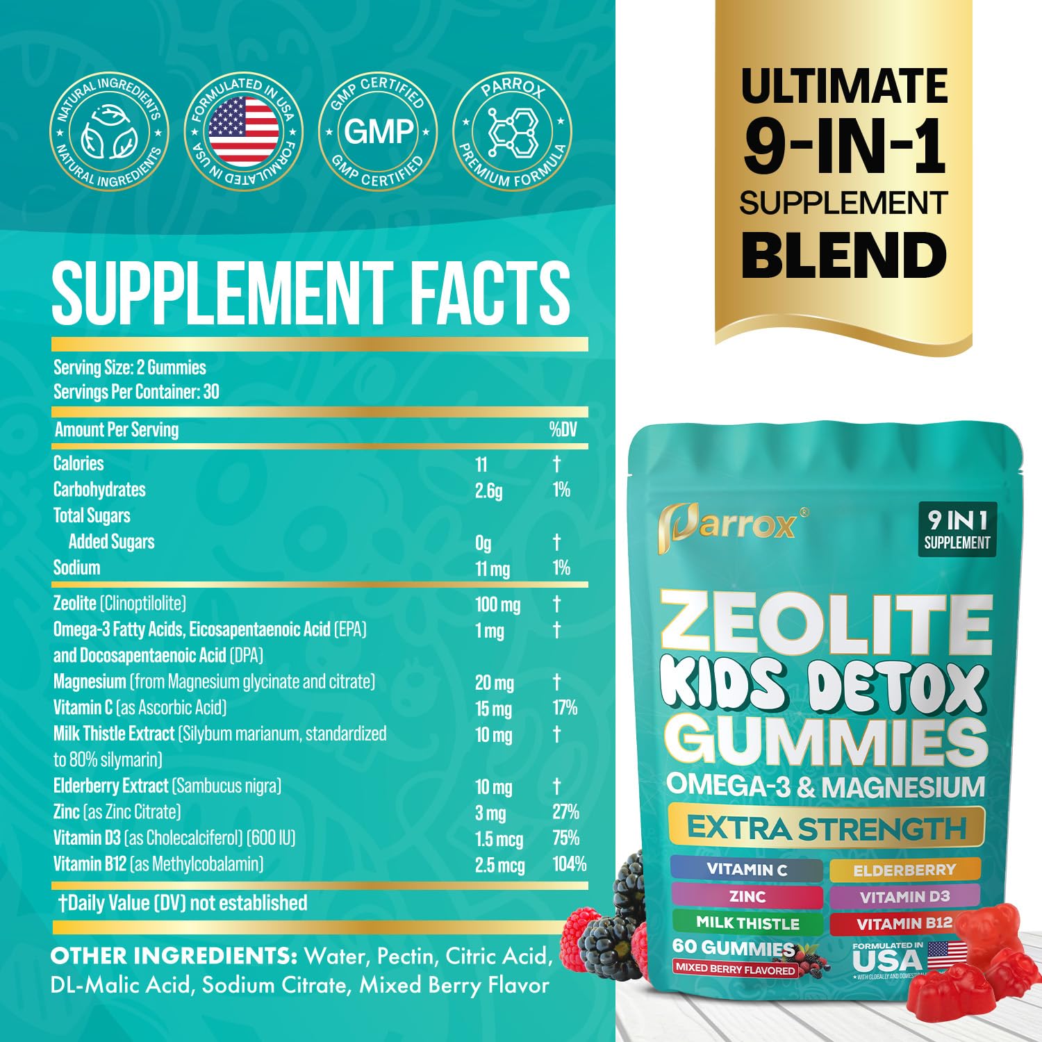 Parrox Zeolite Kids Gummies, 9-in-1 with Zeolite, Omega-3, Magnesium, Elderberry, Vitamin C, Milk Thistle, Vitamin D3, Zinc, B12 – Sugar-Free - PrimeBioHealth - canada supplements