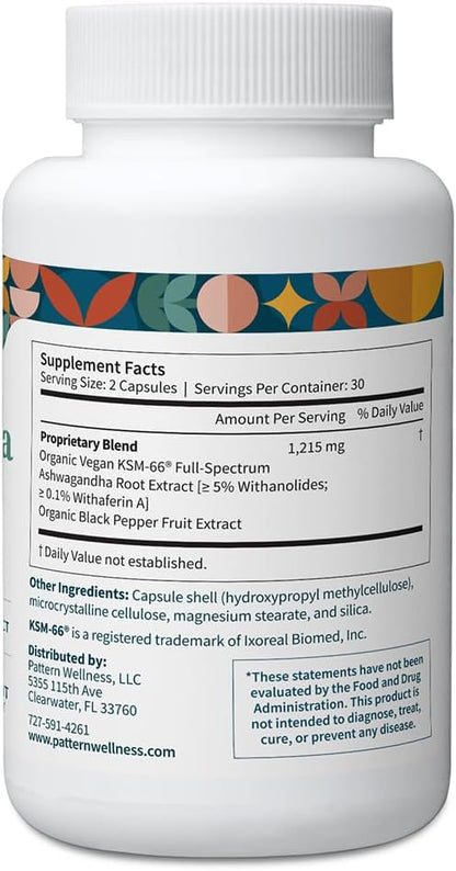 Pattern Wellness Ashwagandha Complex Supplement – 360 Vegan Capsules | For Men & Women – Organic KSM-66® & Black Pepper Extract – Supports Stress Response & Energy Balance – Non-GMO - PrimeBioHealth - canada supplements