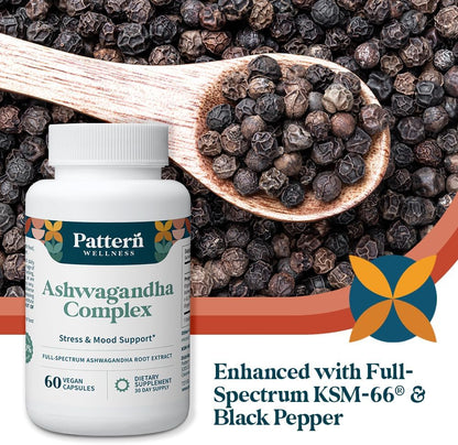 Pattern Wellness Ashwagandha Complex Supplement – 360 Vegan Capsules | For Men & Women – Organic KSM-66® & Black Pepper Extract – Supports Stress Response & Energy Balance – Non-GMO - PrimeBioHealth - canada supplements