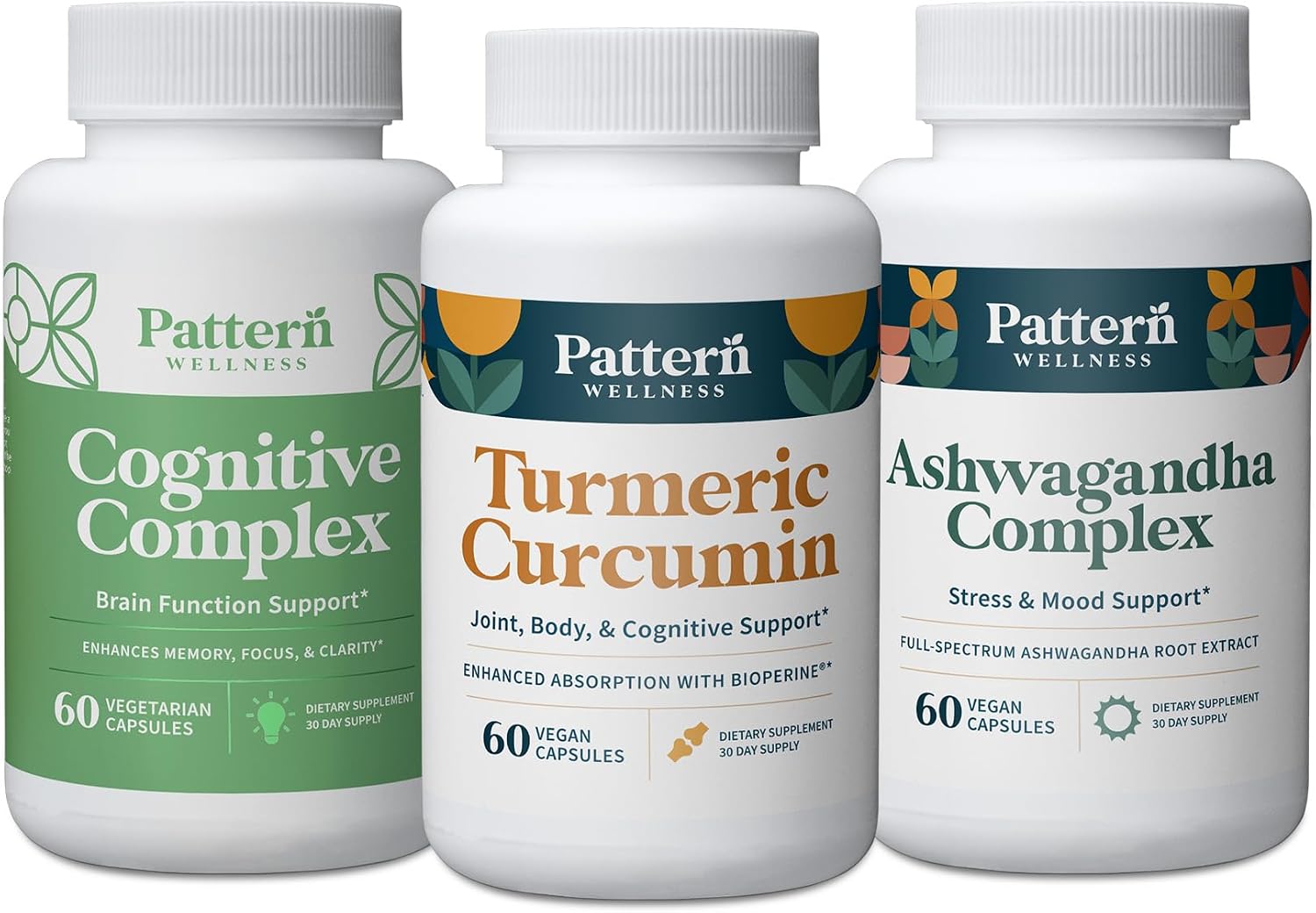 Pattern Wellness Cognitive Health Bundle - Cognitive Complex, Turmeric Curcumin, & Ashwagandha - Brain Function Support - 3 Pack, All-Natural, Plant-Based Formulas - PrimeBioHealth - canada supplements