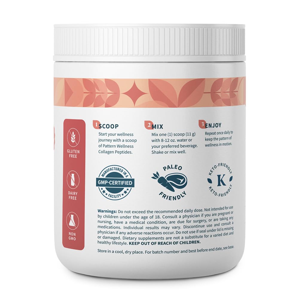 Pattern Wellness Collagen Peptides Powder (Type I & III) - Hair, Nails, Skin & Joint Support - Grass Fed & Pasture-Raised - Hydrolyzed, Non-GMO, Dairy Free, & Keto-Friendly - Unflavored (16 Oz) - PrimeBioHealth - canada supplements
