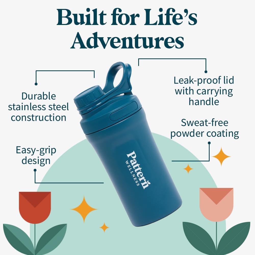 Pattern Wellness Insulated Water Bottle – 20 fl oz, Double-Wall Vacuum Sealed, Keeps Drinks Cold 24 Hrs/Hot 12 Hrs, Leak-Proof, BPA-Free, Sweat-Proof, Durable & Travel-Friendly - PrimeBioHealth - canada supplements