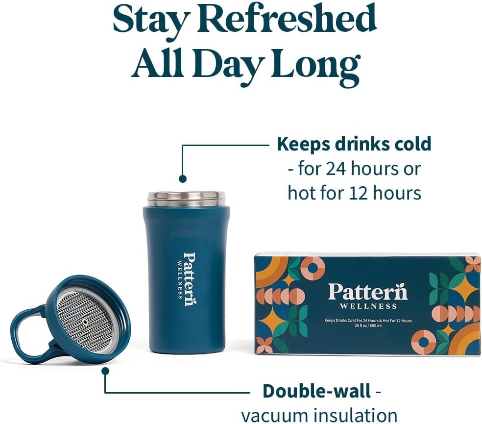 Pattern Wellness Insulated Water Bottle – 20 fl oz, Double-Wall Vacuum Sealed, Keeps Drinks Cold 24 Hrs/Hot 12 Hrs, Leak-Proof, BPA-Free, Sweat-Proof, Durable & Travel-Friendly - PrimeBioHealth - canada supplements