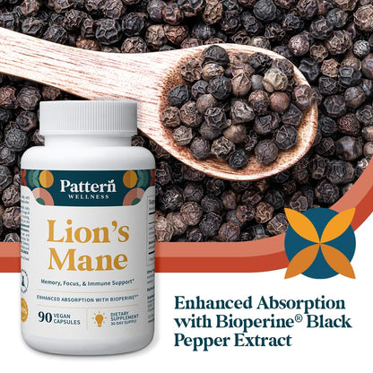 Pattern Wellness Lion’s Mane Mushroom Supplement – 90 Vegan Capsules | Supplement Capsules for Cognitive & Focus Support – Enhanced Absorption - PrimeBioHealth - canada supplements