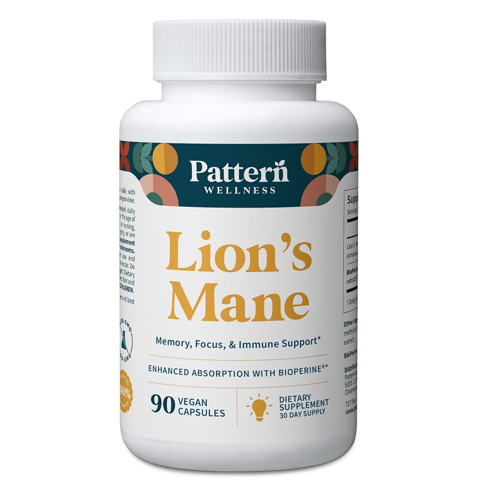 Pattern Wellness Lion’s Mane Mushroom Supplement – 90 Vegan Capsules | Supplement Capsules for Cognitive & Focus Support – Enhanced Absorption - PrimeBioHealth - canada supplements