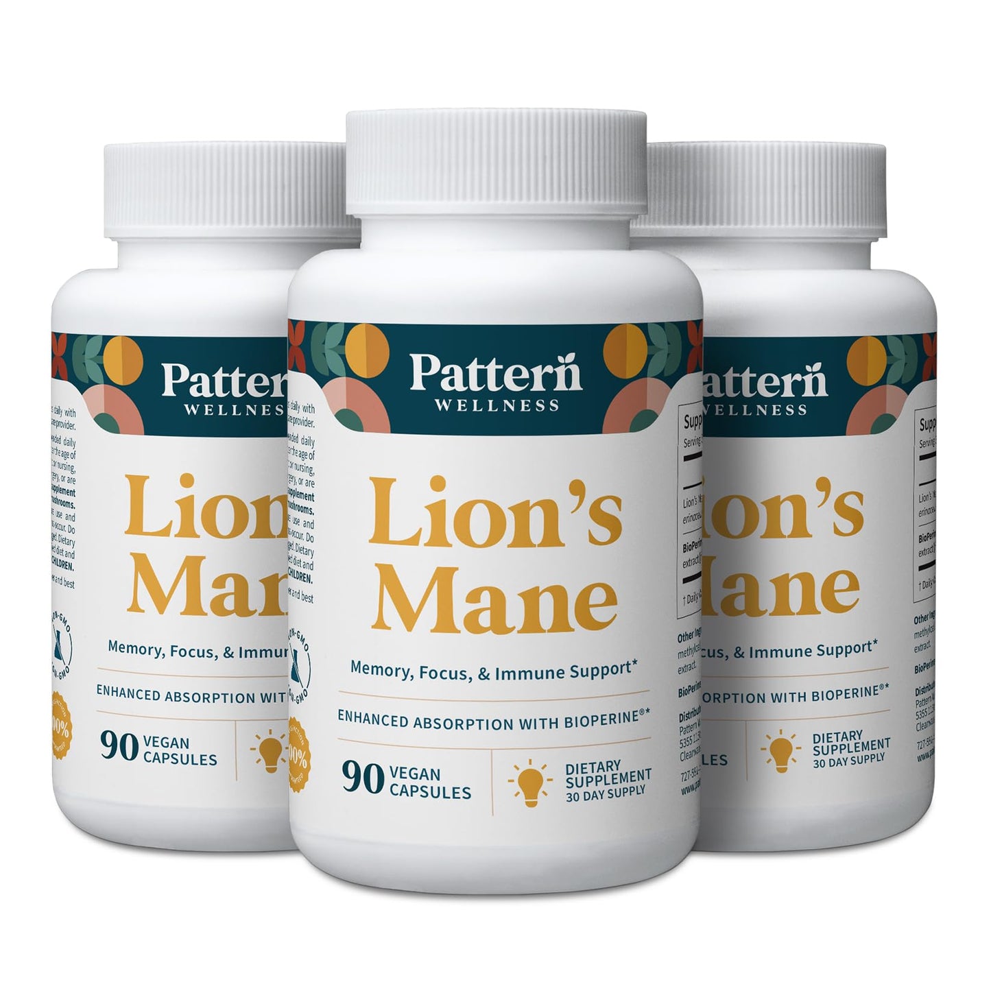 Pattern Wellness Lion’s Mane Mushroom Supplement – 90 Vegan Capsules | Supplement Capsules for Cognitive & Focus Support – Enhanced Absorption - PrimeBioHealth - canada supplements