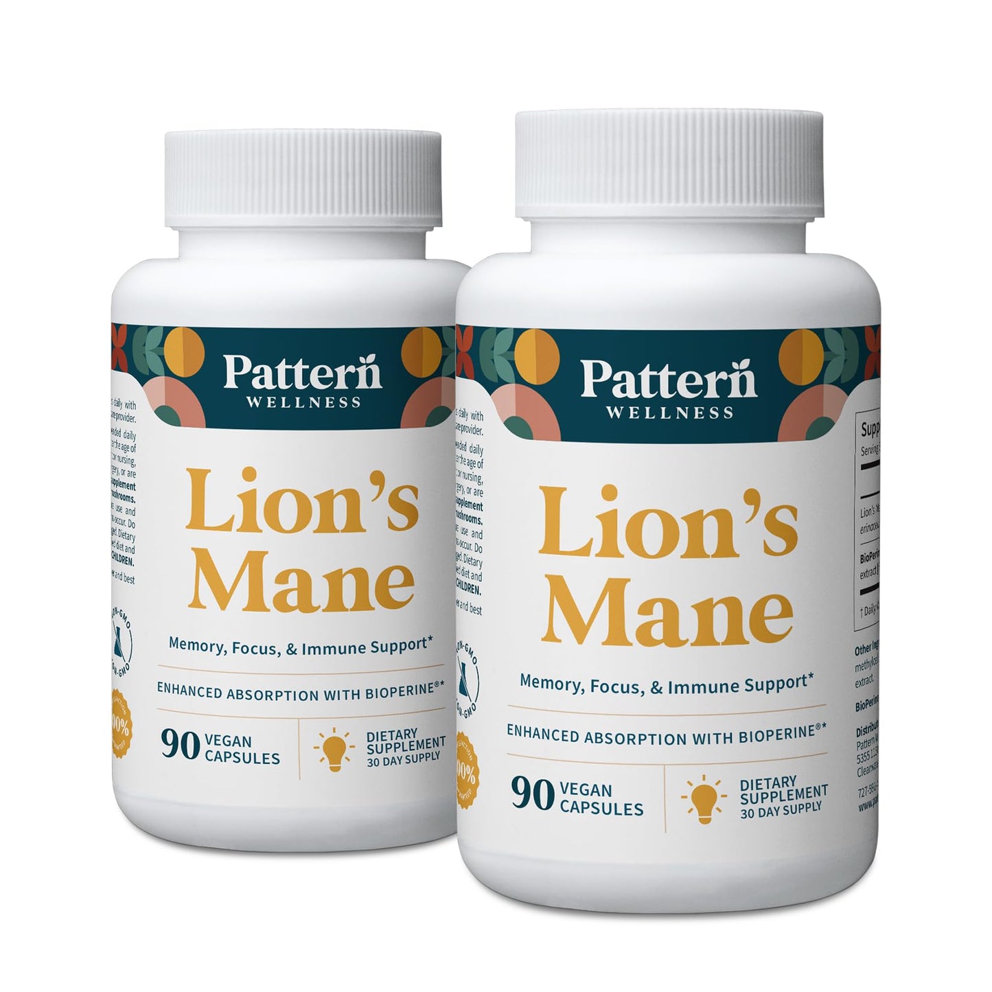 Pattern Wellness Lion’s Mane Mushroom Supplement – 90 Vegan Capsules | Supplement Capsules for Cognitive & Focus Support – Enhanced Absorption - PrimeBioHealth - canada supplements