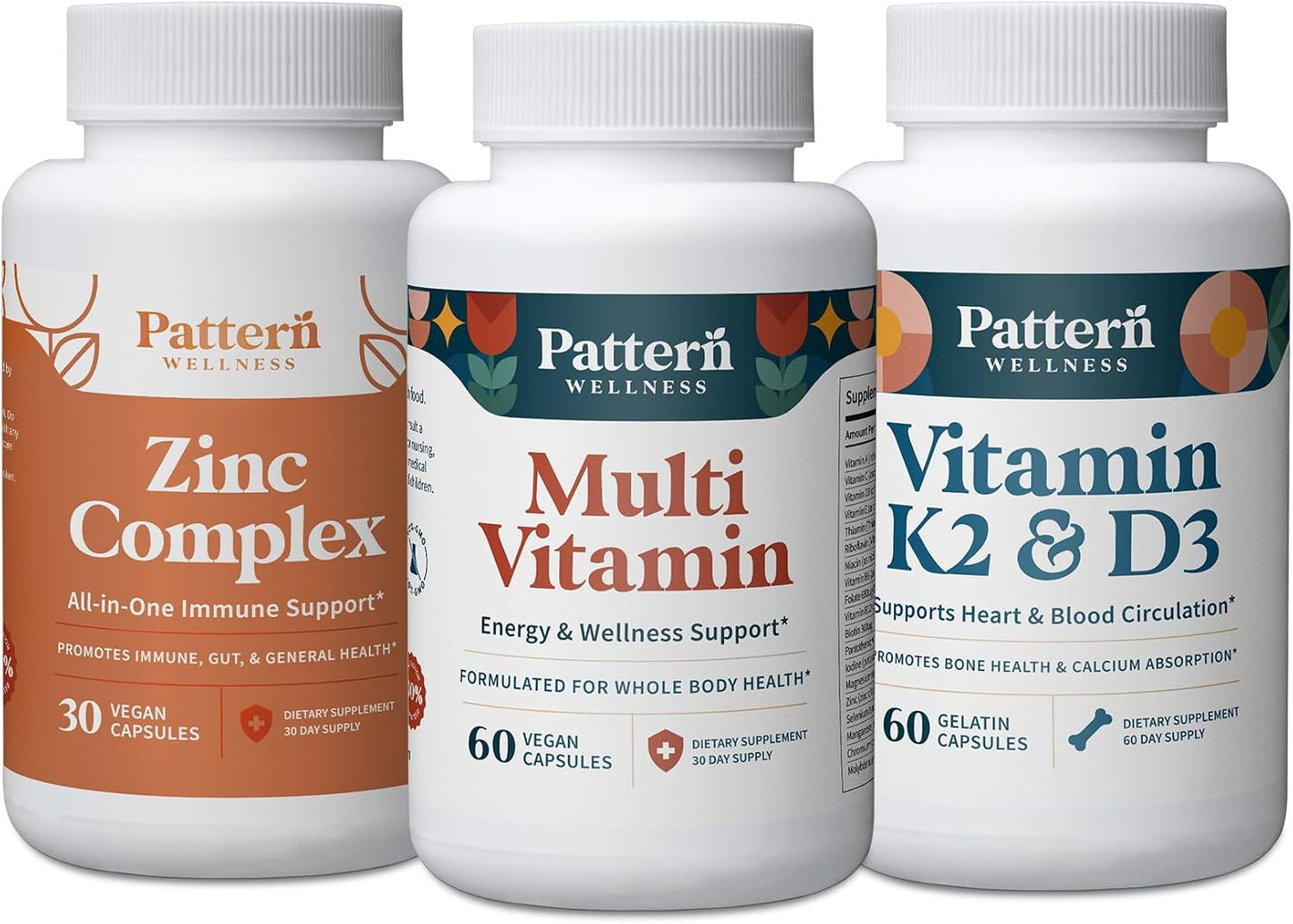 Pattern Wellness Men's Health Bundle - Multivitamin, Vitamin K2 & D3, Zinc Complex - Male Health & Wellness Support - 3 Pack, All-Natural, Plant-Based Formulas - PrimeBioHealth - canada supplements