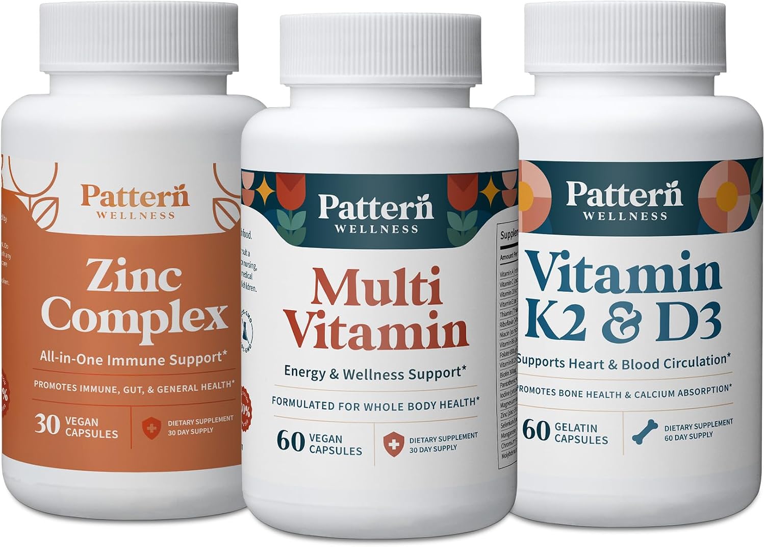 Pattern Wellness Men's Health Bundle - Multivitamin, Vitamin K2 & D3, Zinc Complex - Male Health & Wellness Support - 3 Pack, All-Natural, Plant-Based Formulas - PrimeBioHealth - canada supplements