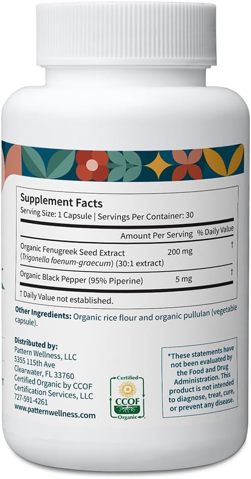 Pattern Wellness Organic Fenugreek Capsules – 30:1 Fenugreek Seed Extract with Black Pepper – Metabolic & Digestive Support Supplement – Vegan, Non-GMO – 30 Capsules - PrimeBioHealth - canada supplements