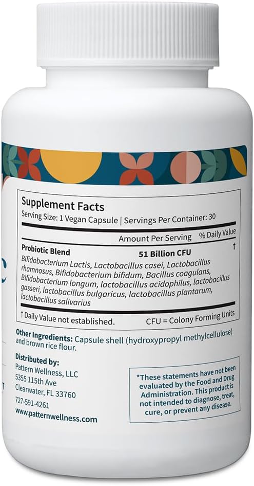 Pattern Wellness Probiotic Supplement – 30 Vegan Capsules | 51 Billion CFU – Supports Digestive Balance & Gut Wellness – Mindfully Sourced, Non-GMO - PrimeBioHealth - canada supplements
