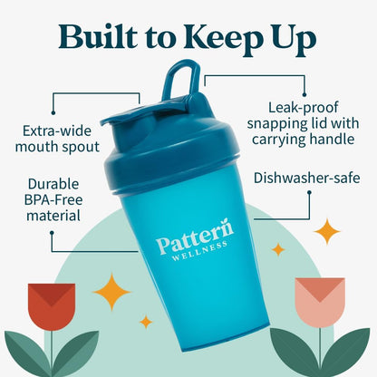 Pattern Wellness Shaker Bottle BPA-Free Plastic Bottle & Lid – 12oz, Food-Grade Steel Shaker Ball For Smooth Mixing Protein Shakes & More, Leak-Proof Seal, Durable, & Dishwasher Safe, Extra-Wide Spout - PrimeBioHealth - canada supplements