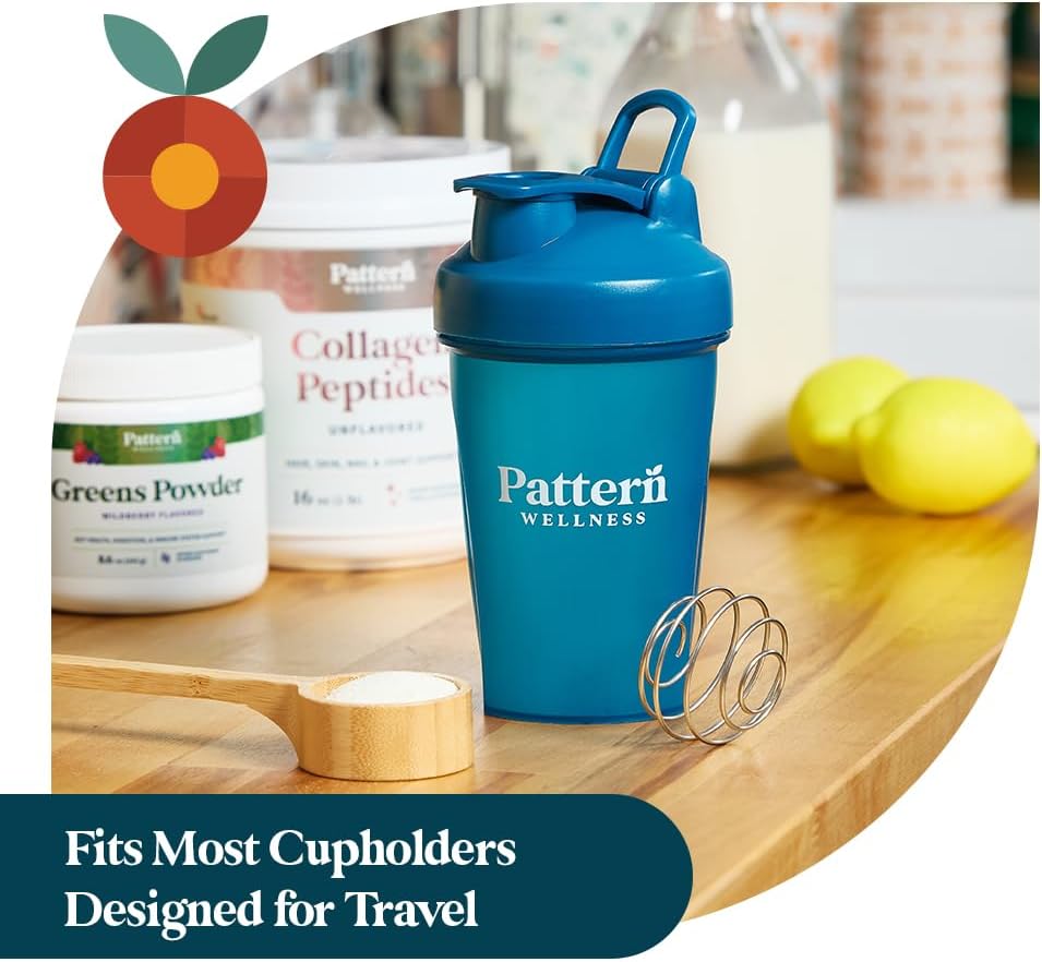Pattern Wellness Shaker Bottle BPA-Free Plastic Bottle & Lid – 12oz, Food-Grade Steel Shaker Ball For Smooth Mixing Protein Shakes & More, Leak-Proof Seal, Durable, & Dishwasher Safe, Extra-Wide Spout - PrimeBioHealth - canada supplements