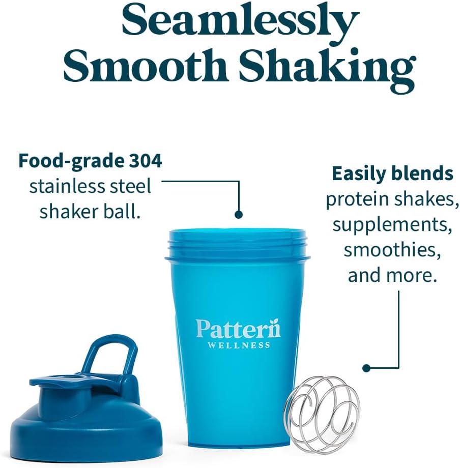 Pattern Wellness Shaker Bottle BPA-Free Plastic Bottle & Lid – 12oz, Food-Grade Steel Shaker Ball For Smooth Mixing Protein Shakes & More, Leak-Proof Seal, Durable, & Dishwasher Safe, Extra-Wide Spout - PrimeBioHealth - canada supplements