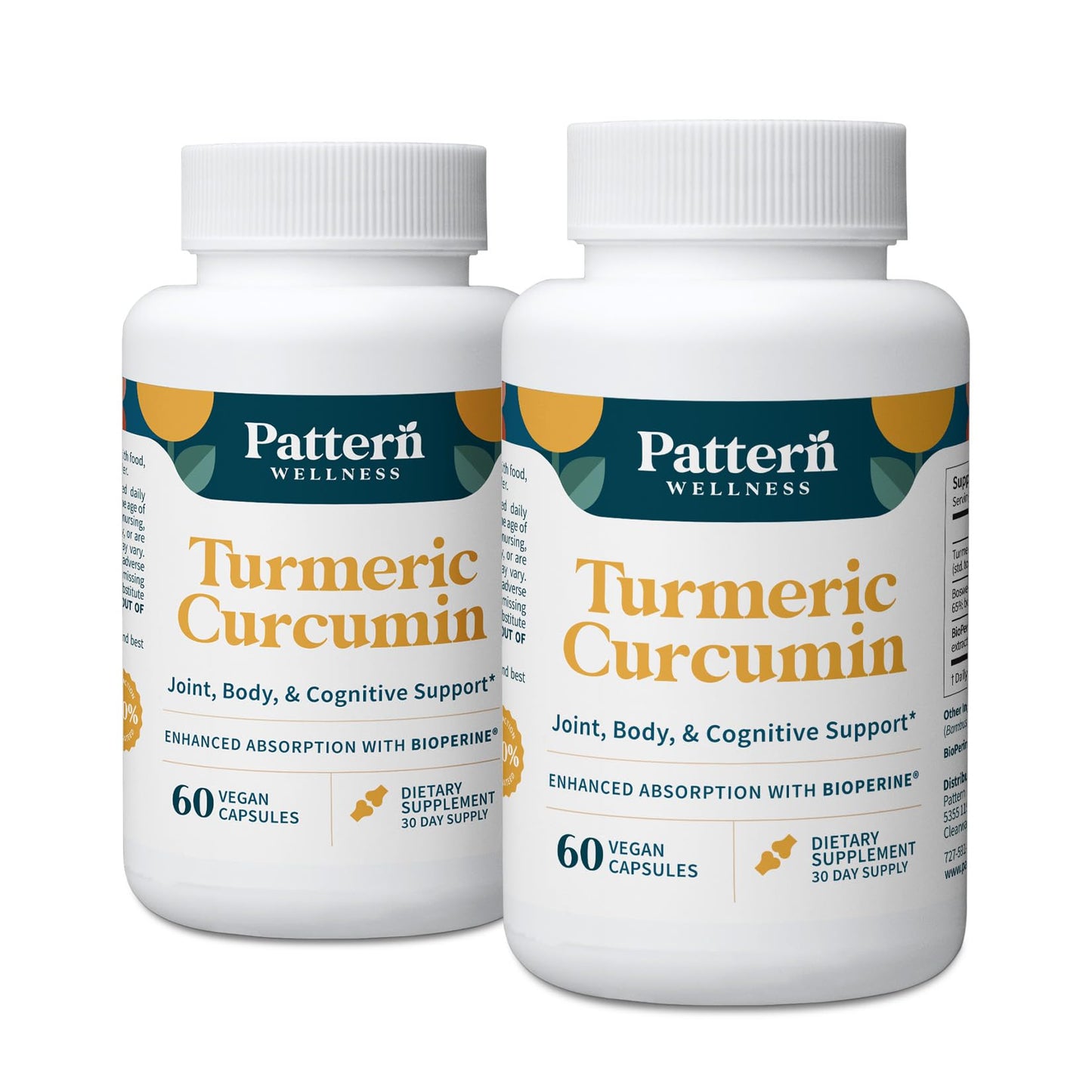 Pattern Wellness Turmeric Curcumin Supplement – 60 Capsules | 95% Curcuminoids with BioPerine® Black Pepper – Supports Joint, Cognitive & Immune Health – Non-GMO, Gluten Free - PrimeBioHealth - canada supplements