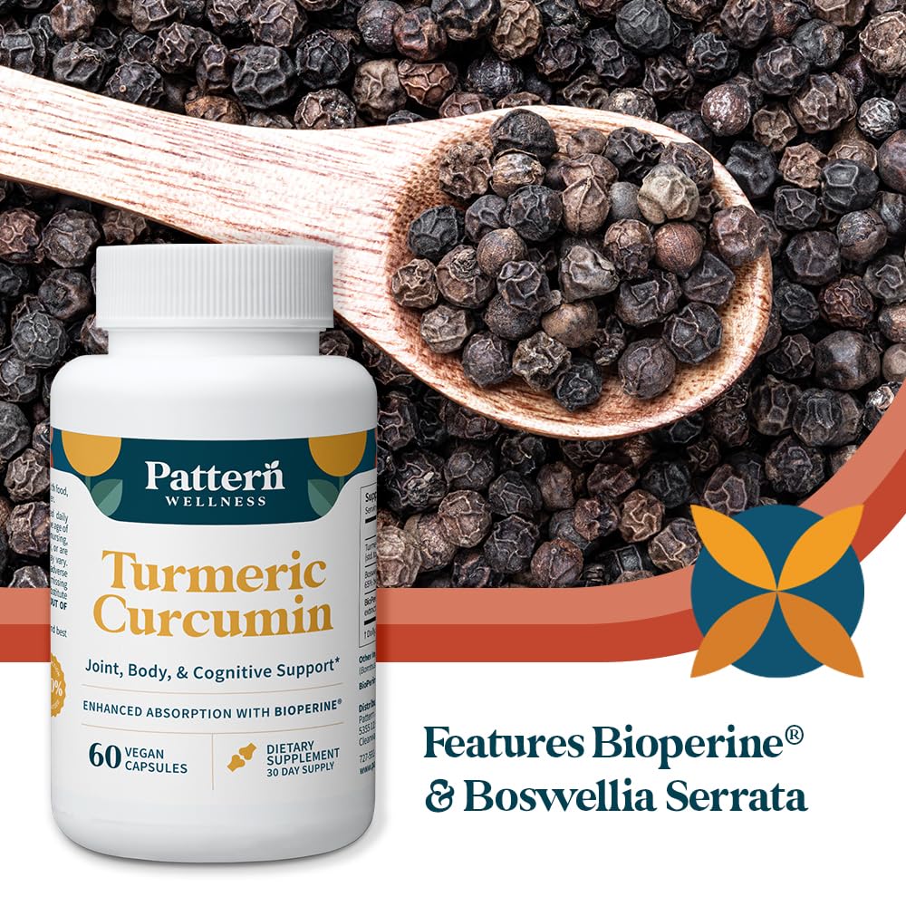Pattern Wellness Turmeric Curcumin Supplement – 60 Capsules | 95% Curcuminoids with BioPerine® Black Pepper – Supports Joint, Cognitive & Immune Health – Non-GMO, Gluten Free - PrimeBioHealth - canada supplements