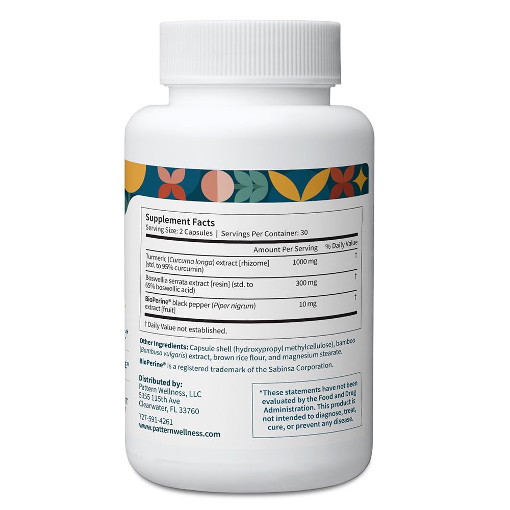 Pattern Wellness Turmeric Curcumin Supplement – 60 Capsules | 95% Curcuminoids with BioPerine® Black Pepper – Supports Joint, Cognitive & Immune Health – Non-GMO, Gluten Free - PrimeBioHealth - canada supplements