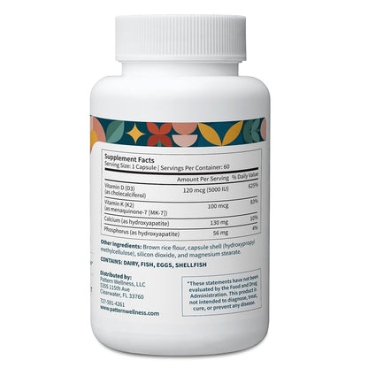 Pattern Wellness Vitamin K2 & D3 Supplement with Calcium – Bone Health, Circulatory Wellness & Immune Support - Non-GMO - 60 Capsules - PrimeBioHealth - canada supplements