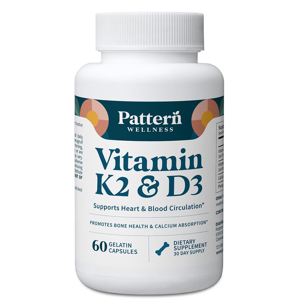 Pattern Wellness Vitamin K2 & D3 Supplement with Calcium – Bone Health, Circulatory Wellness & Immune Support - Non-GMO - 60 Capsules - PrimeBioHealth - canada supplements