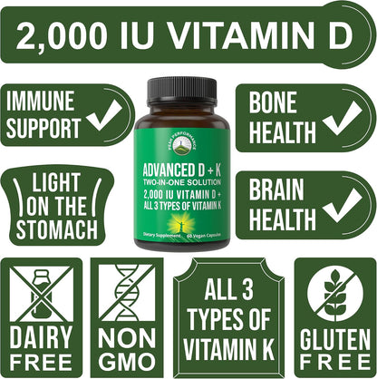 Peak Performance Advanced Vitamin D 2000 IU with All 3 Types of Vitamin K Vitamin D3 and Vitamin K2, K1, MK-7 (MK7), MK4 Supplements - 60 Small and Easy to Swallow Vegetable Capsules - PrimeBioHealth - canada supplements