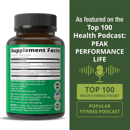 Peak Performance Advanced Vitamin D 2000 IU with All 3 Types of Vitamin K Vitamin D3 and Vitamin K2, K1, MK-7 (MK7), MK4 Supplements - 60 Small and Easy to Swallow Vegetable Capsules - PrimeBioHealth - canada supplements