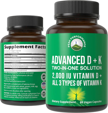 Peak Performance Advanced Vitamin D 2000 IU with All 3 Types of Vitamin K Vitamin D3 and Vitamin K2, K1, MK-7 (MK7), MK4 Supplements - 60 Small and Easy to Swallow Vegetable Capsules - PrimeBioHealth - canada supplements