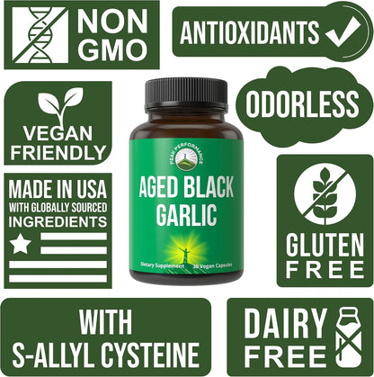 Peak Performance Aged Black Garlic Capsules. Raw Vegan Pure Odorless Extract Supplement Pills for Cholesterol, and Immune Support. from Garlic Bulb with S-Allyl Cysteine and Antioxidants - PrimeBioHealth - canada supplements