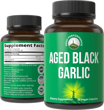 Peak Performance Aged Black Garlic Capsules. Raw Vegan Pure Odorless Extract Supplement Pills for Cholesterol, and Immune Support. from Garlic Bulb with S-Allyl Cysteine and Antioxidants - PrimeBioHealth - canada supplements