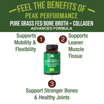 Peak Performance Bone Broth Collagen Capsules - 180 Pills of Grass Fed Bone Broth Collagen Protein Peptides - Contains All 3 Types 1, 2, and 3 - Pure Pasture - PrimeBioHealth - canada supplements