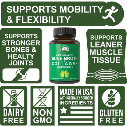 Peak Performance Bone Broth Collagen Capsules - 180 Pills of Grass Fed Bone Broth Collagen Protein Peptides - Contains All 3 Types 1, 2, and 3 - Pure Pasture - PrimeBioHealth - canada supplements