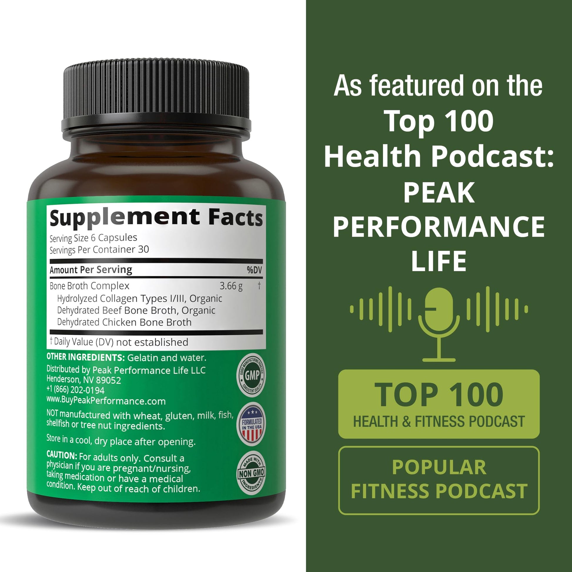 Peak Performance Bone Broth Collagen Capsules - 180 Pills of Grass Fed Bone Broth Collagen Protein Peptides - Contains All 3 Types 1, 2, and 3 - Pure Pasture - PrimeBioHealth - canada supplements