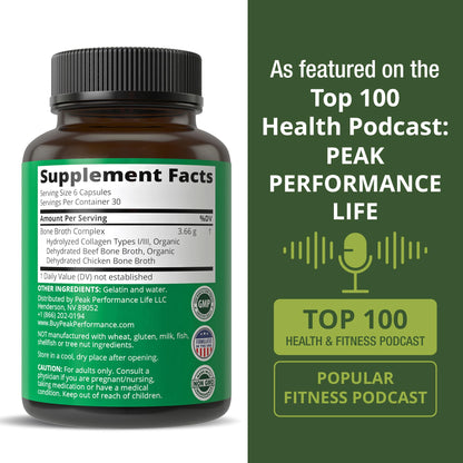 Peak Performance Bone Broth Collagen Capsules - 180 Pills of Grass Fed Bone Broth Collagen Protein Peptides - Contains All 3 Types 1, 2, and 3 - Pure Pasture - PrimeBioHealth - canada supplements