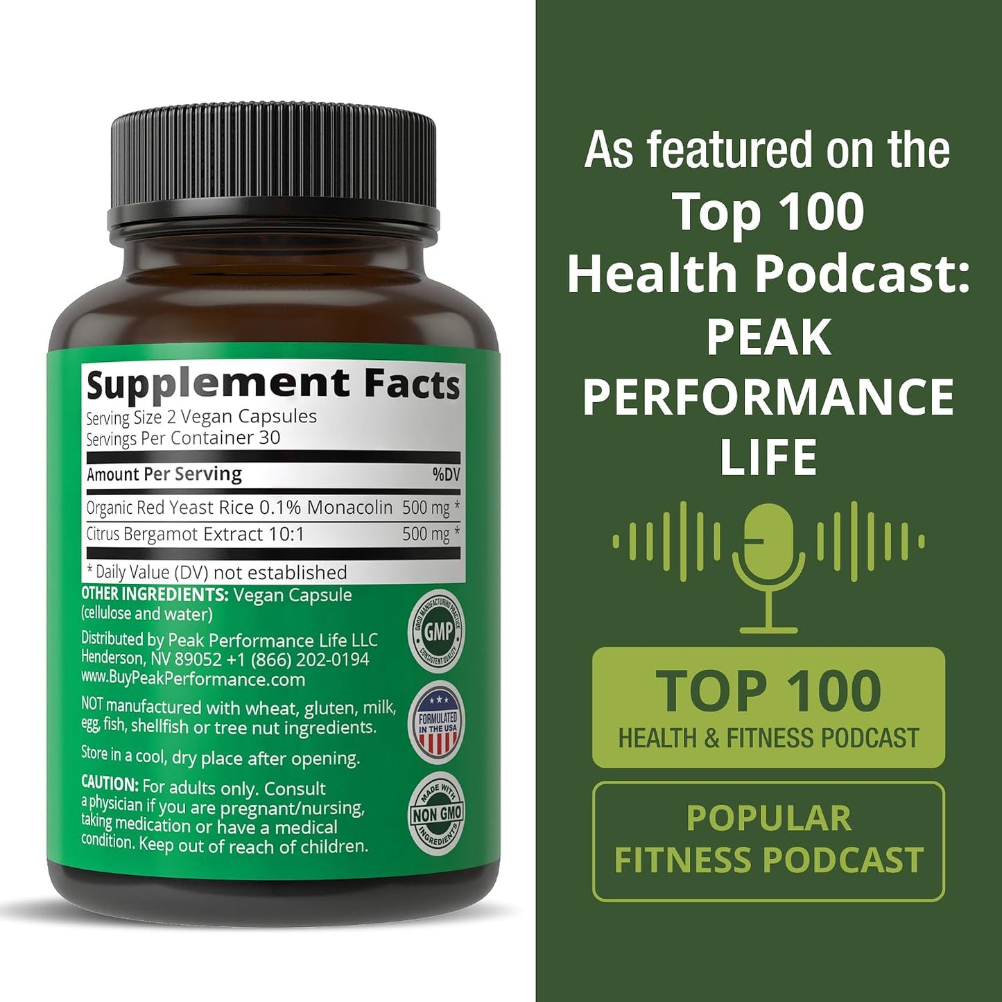 Peak Performance Citrus Bergamot + Red Yeast Rice. 2-in-1 Supplement. High Strength 10:1 Bergamot Extract. No Gluten, Zero Sugar, Vegan Capsules - PrimeBioHealth - canada supplements
