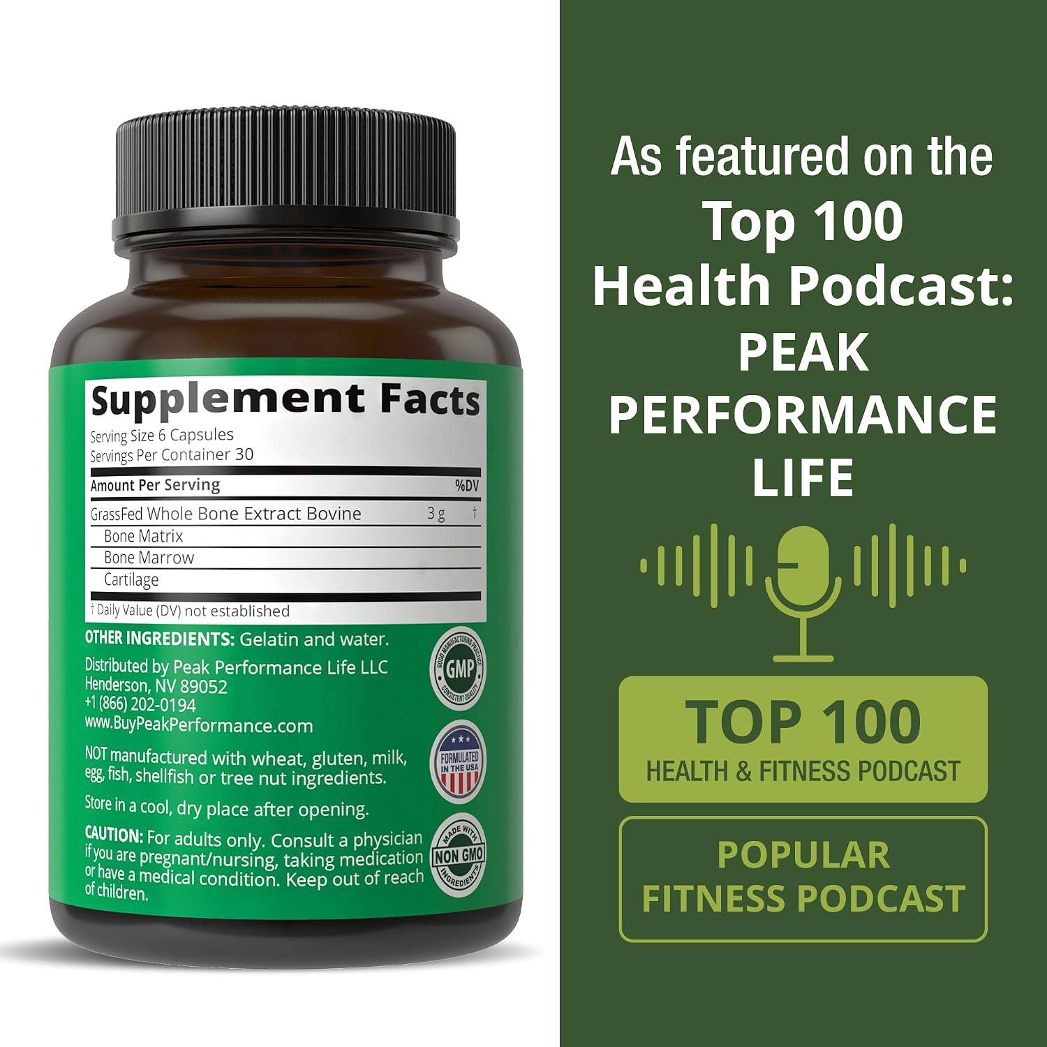 Peak Performance Grass Fed Bone Marrow - Whole Extract Supplement 180 Capsules - Superfood Pills Rich in Collagen, Vitamins, and Amino Acids - from Matrix Cartilage - Ancestral Tablets - PrimeBioHealth - canada supplements
