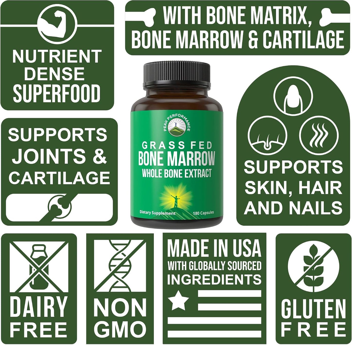Peak Performance Grass Fed Bone Marrow - Whole Extract Supplement 180 Capsules - Superfood Pills Rich in Collagen, Vitamins, and Amino Acids - from Matrix Cartilage - Ancestral Tablets - PrimeBioHealth - canada supplements