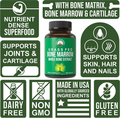 Peak Performance Grass Fed Bone Marrow - Whole Extract Supplement 180 Capsules - Superfood Pills Rich in Collagen, Vitamins, and Amino Acids - from Matrix Cartilage - Ancestral Tablets - PrimeBioHealth - canada supplements