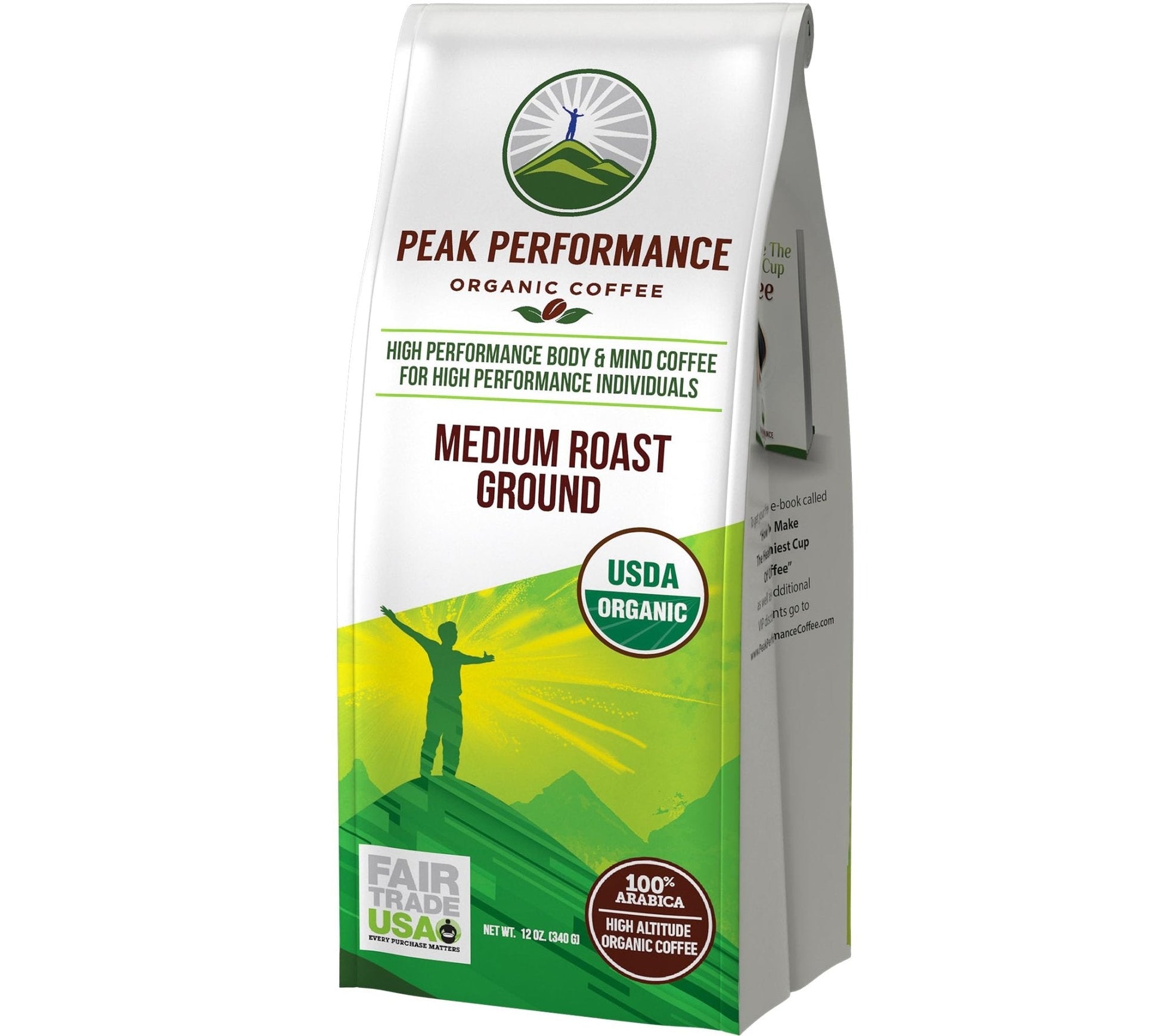 Peak Performance High Altitude Organic Coffee - Fair Trade, Low Acid, Non GMO, and Beans Full of Antioxidants - Medium Roast Smooth Tasting USDA Certified Organic Ground Coffee Bag 12 oz - PrimeBioHealth - canada supplements