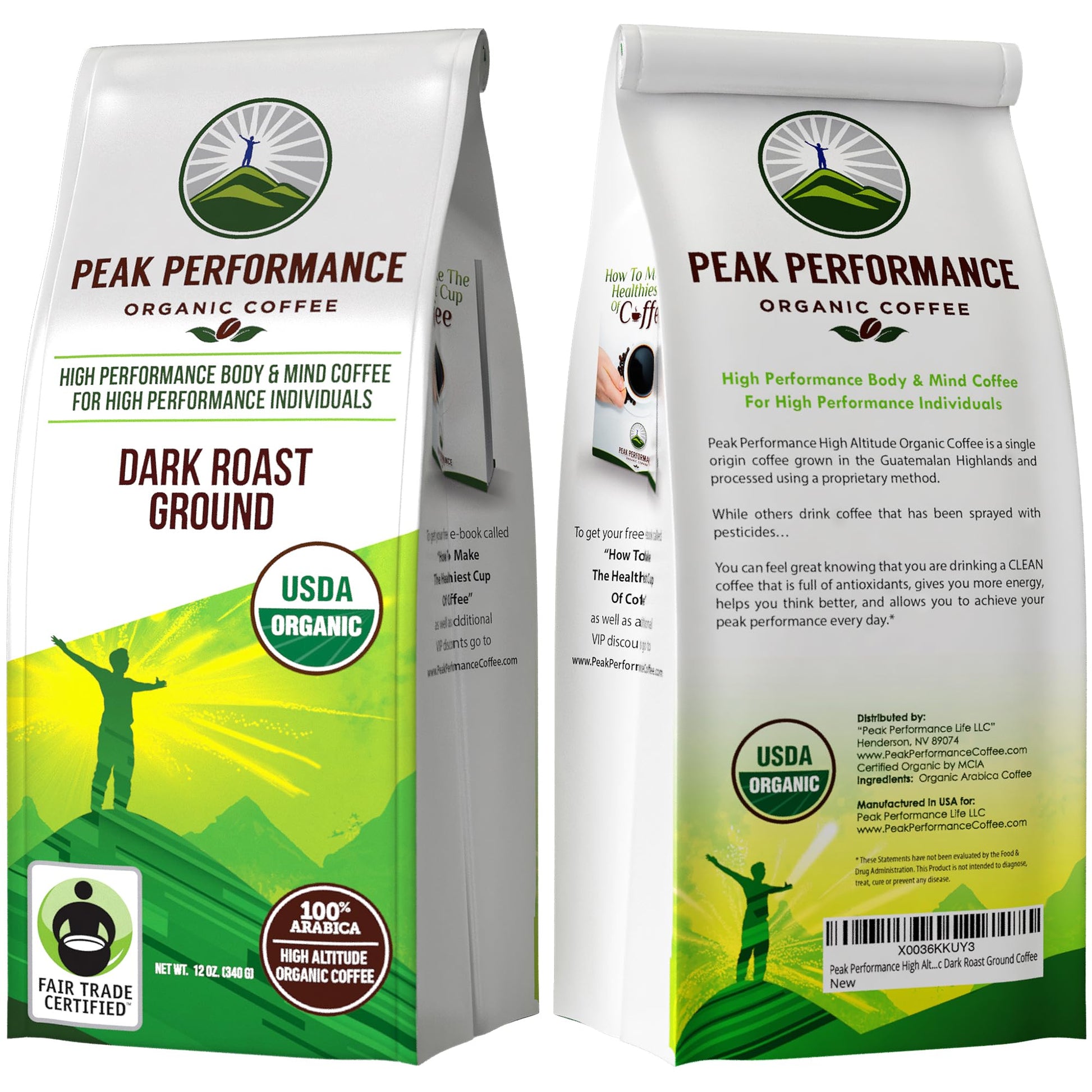 Peak Performance High Altitude Organic Coffee - Fair Trade, Low Acid, Non GMO, and Beans Full of Antioxidants - Medium Roast Smooth Tasting USDA Certified Organic Ground Coffee Bag 12 oz - PrimeBioHealth - canada supplements
