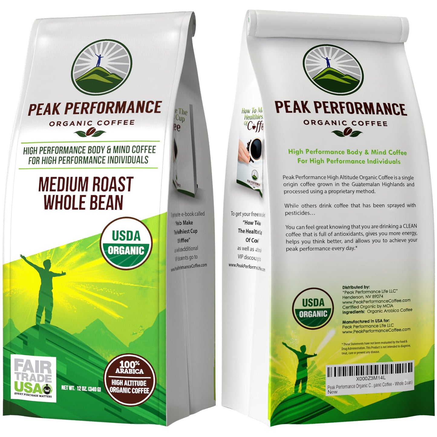 Peak Performance High Altitude Organic Coffee - Fair Trade, Low Acid, Non GMO, and Beans Full of Antioxidants - Medium Roast Smooth Tasting USDA Certified Organic Ground Coffee Bag 12 oz - PrimeBioHealth - canada supplements