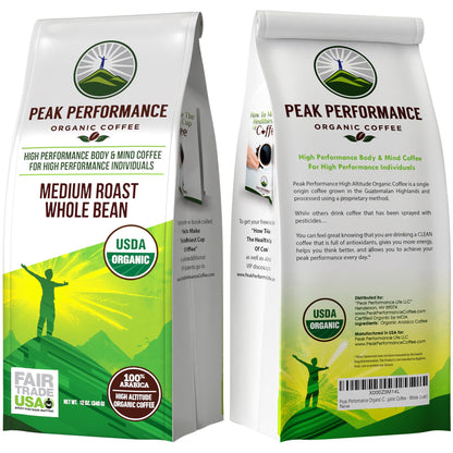 Peak Performance High Altitude Organic Coffee - Fair Trade, Low Acid, Non GMO, and Beans Full of Antioxidants - Medium Roast Smooth Tasting USDA Certified Organic Ground Coffee Bag 12 oz - PrimeBioHealth - canada supplements