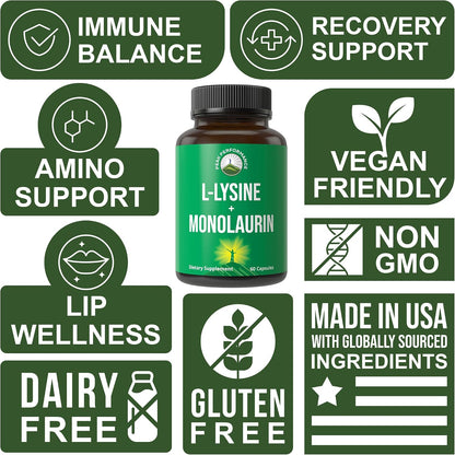 Peak Performance L Lysine 1000mg + Monolaurin 500mg High Potency Supplement for Lips, Skin, & Immune Support - L-Lysine 2-in-1 Bioavailable Supplements for Men and Women - 60 Capsules - PrimeBioHealth - canada supplements