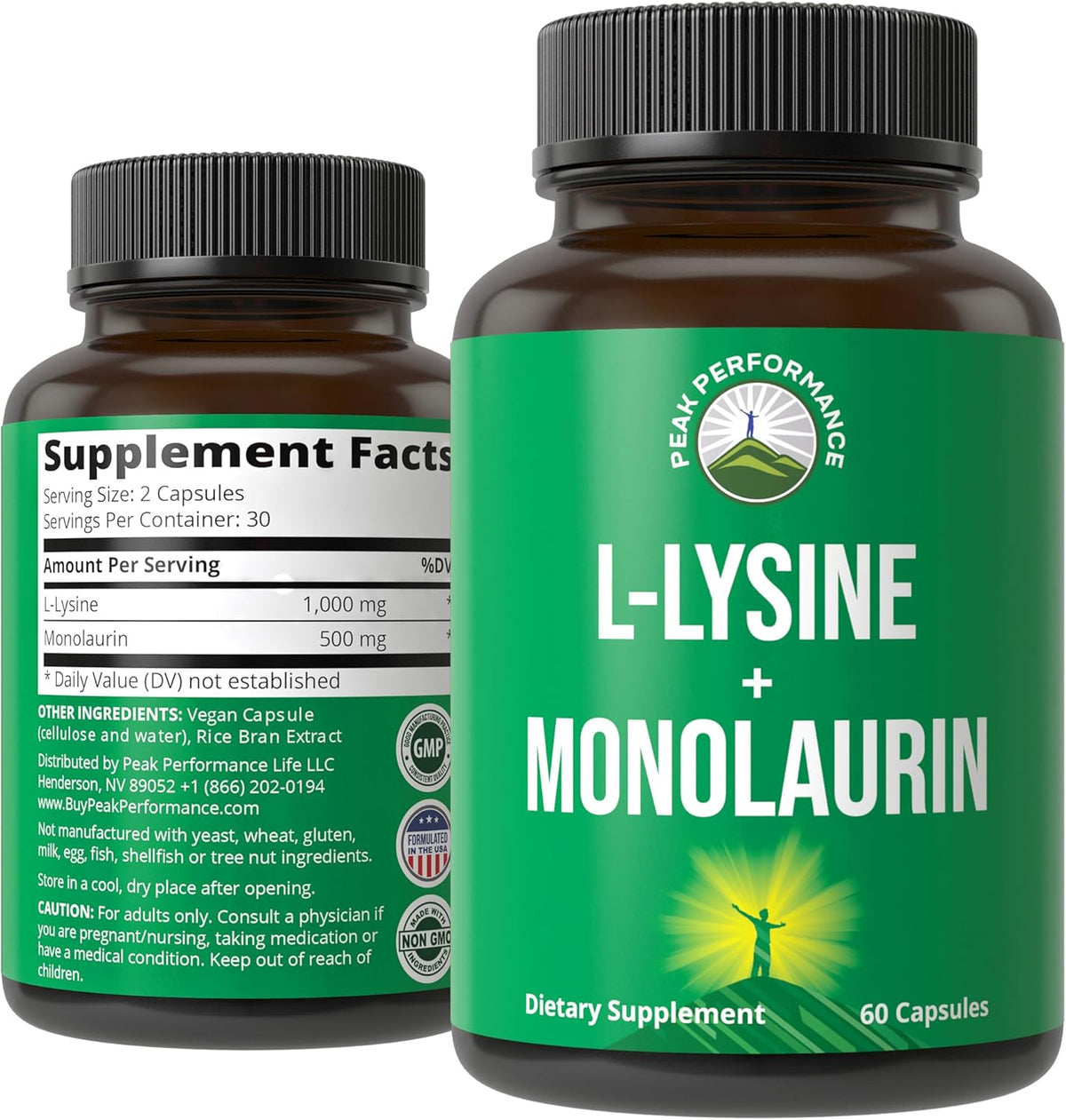 Peak Performance L Lysine 1000mg + Monolaurin 500mg High Potency Supplement for Lips, Skin, & Immune Support - L-Lysine 2-in-1 Bioavailable Supplements for Men and Women - 60 Capsules - PrimeBioHealth - canada supplements