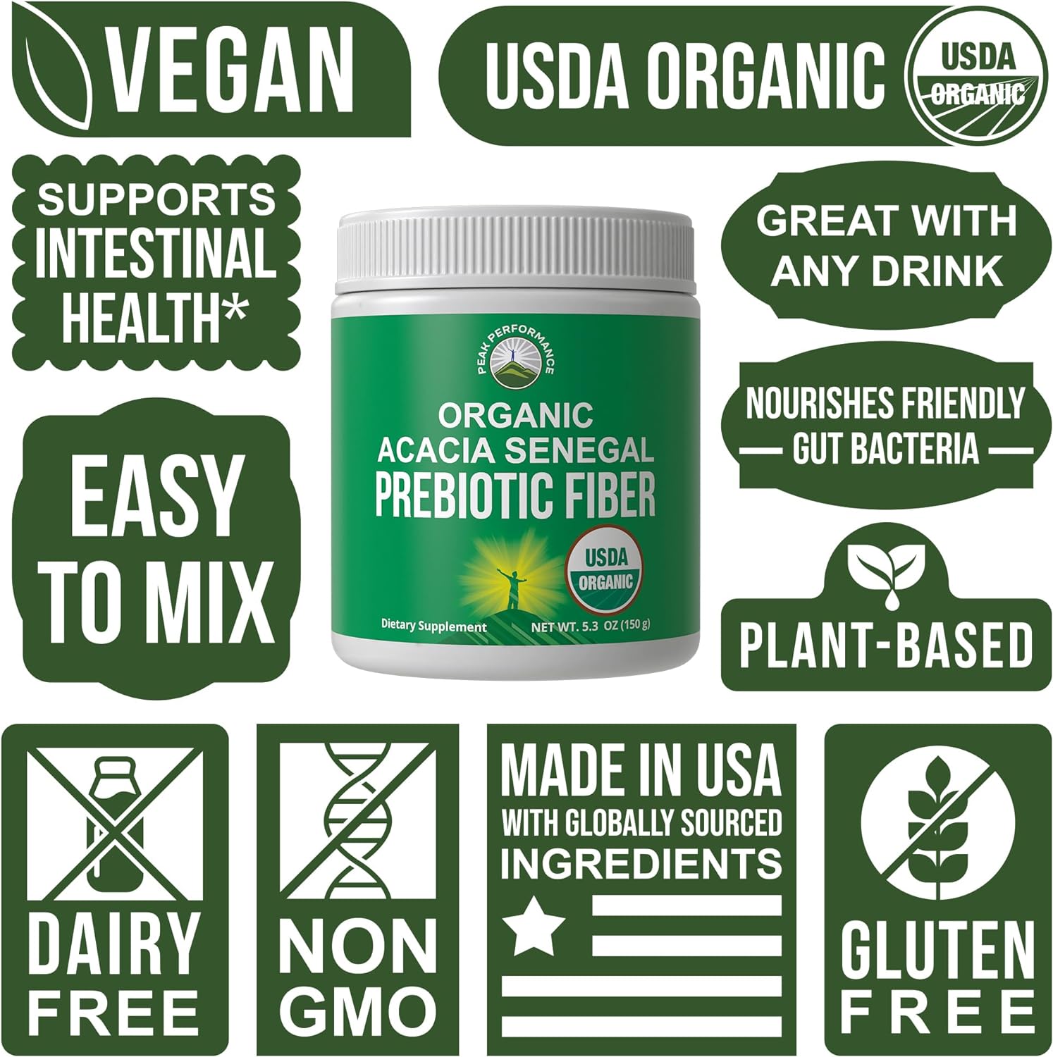 Peak Performance Organic Acacia Senegal Prebiotic Fiber Powder - Unflavored USDA Plant Based Soluble Vegan Prebiotics Gut Health Supplement with Digestive Enzymes 5 oz - PrimeBioHealth - canada supplements