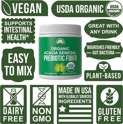 Peak Performance Organic Acacia Senegal Prebiotic Fiber Powder - Unflavored USDA Plant Based Soluble Vegan Prebiotics Gut Health Supplement with Digestive Enzymes 5 oz - PrimeBioHealth - canada supplements
