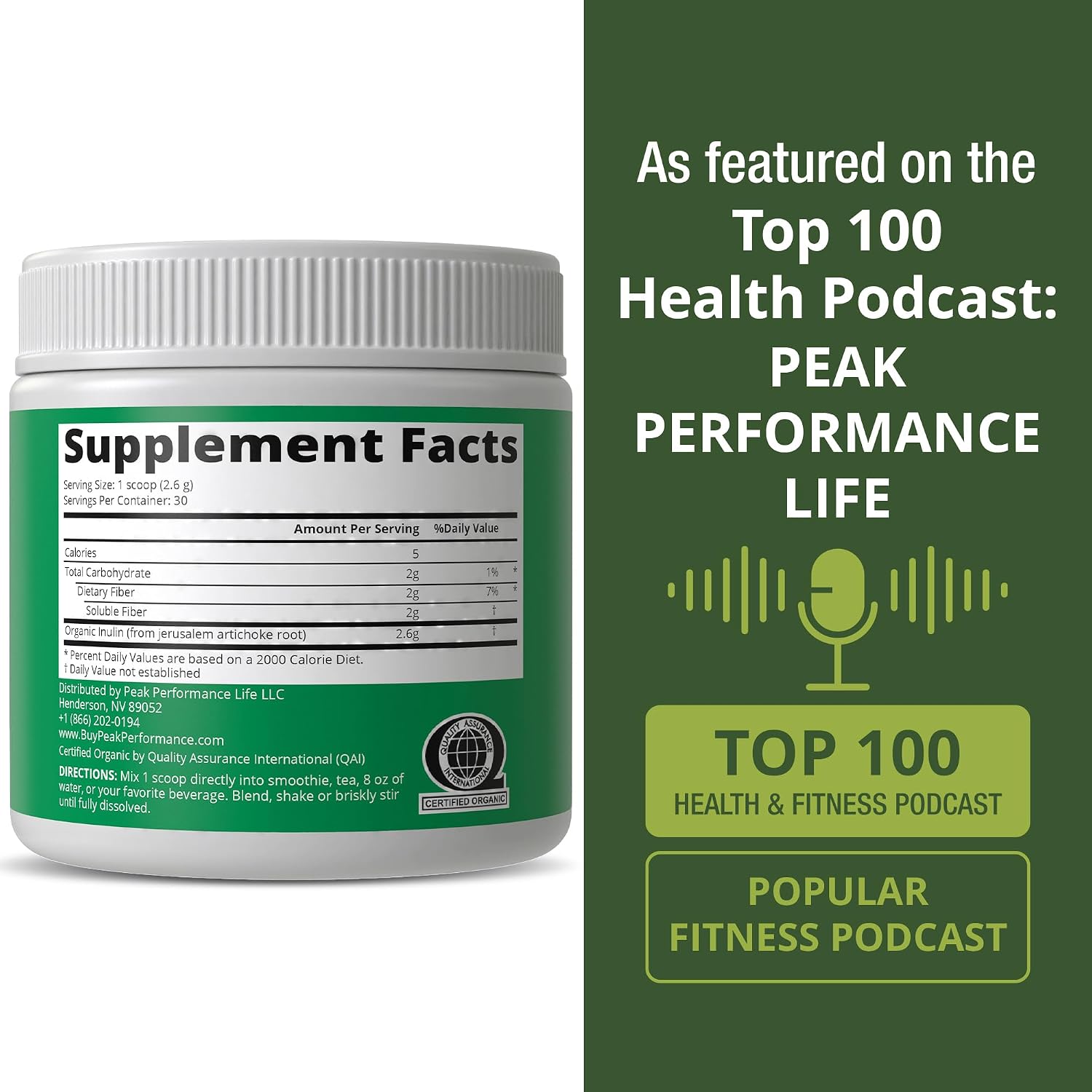 Peak Performance Organic Inulin Powder Natural Prebiotic Fiber for Gut Health. USDA Organic Raw Plant Based Vegan Prebiotics FOS Supplement from Jerusalem Artichoke - PrimeBioHealth - canada supplements